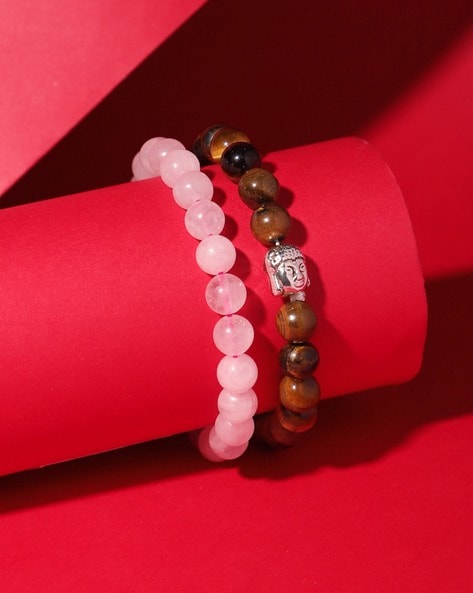 KALIFANO | Pink Agate & Freshwater Pearls Gemstone Elastic Bracelet