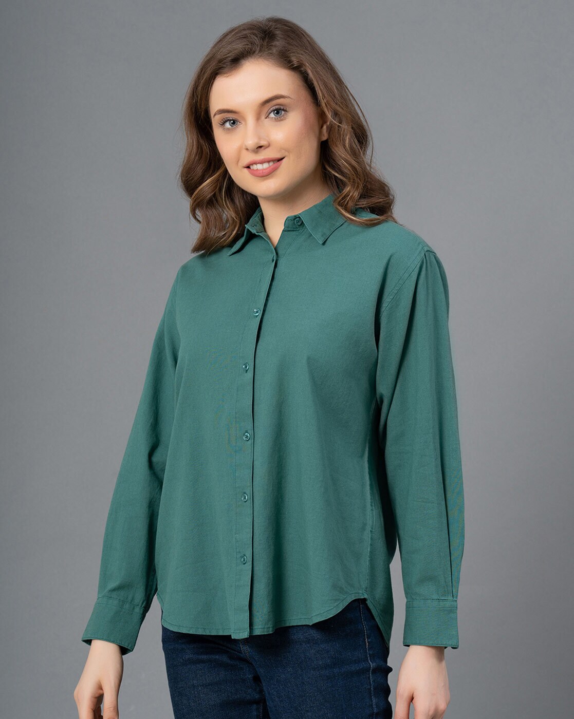 Mode By Red Tape Full-Sleeve Shirt with Collar For Women (Green, S)