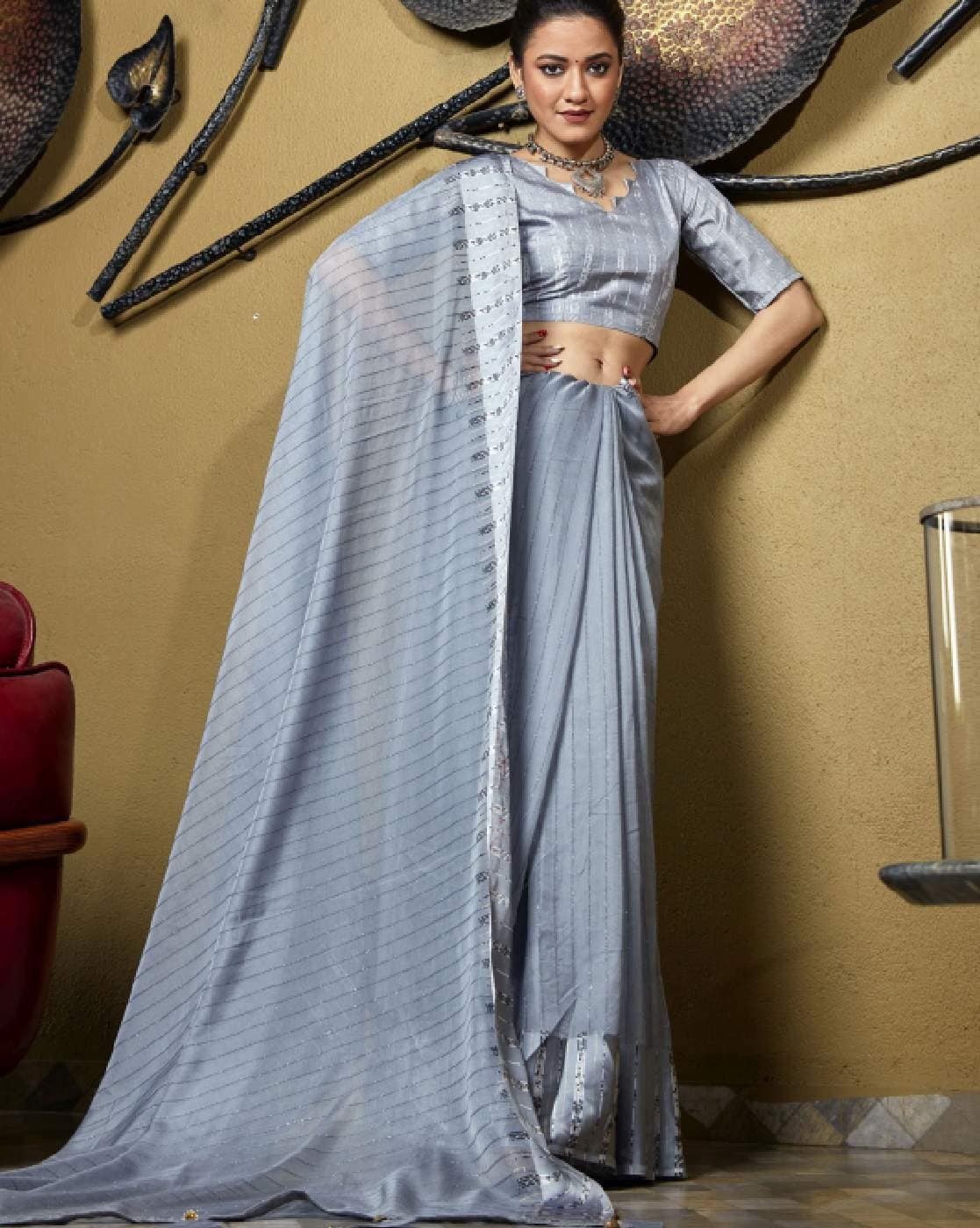Grey Georgette Sequinned Saree With Full Sleeves Blouse With Feather Detail  - Nitika Gujral- Fabilicious Fashion