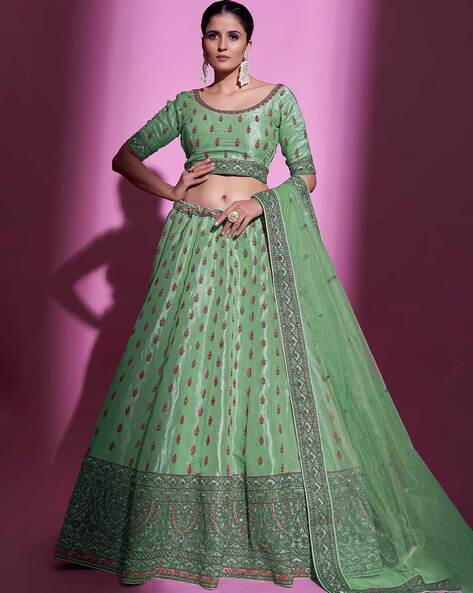 Pink Ombre Floral Printed Flared Lehenga in Crepe with Cutdana Work...