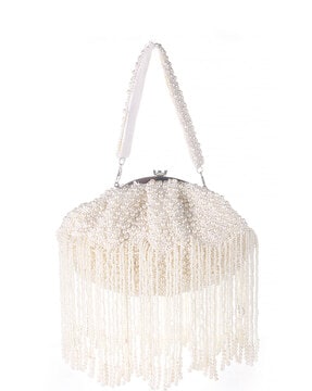 ASOS DESIGN pearl beaded fringe clutch bag in silver