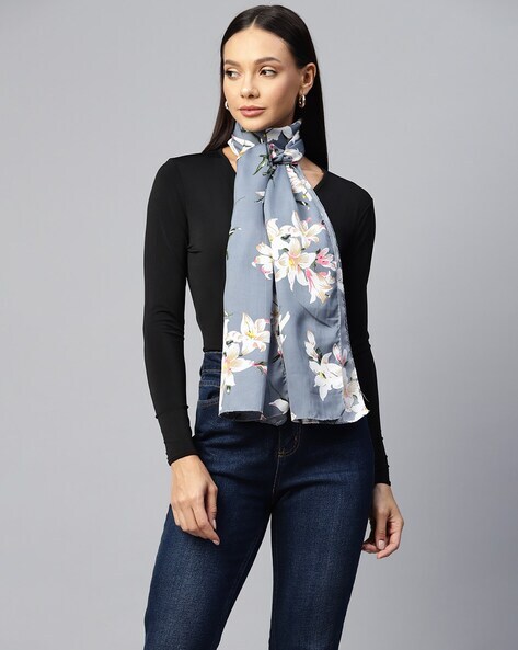 Floral Print Women Scarf with Taping Border Price in India