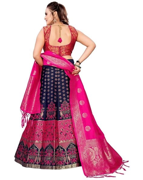 Navy blue and pink color banarasi brocade lehenga and dupatta