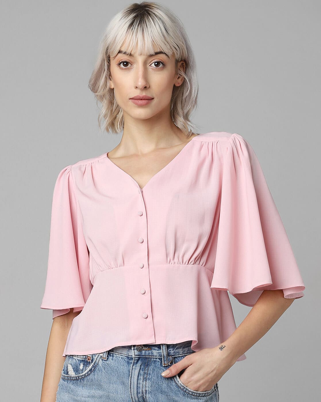 muguet heart button peplum tops PINK ミュゲ -1117Wx1400H-469420013-pink-