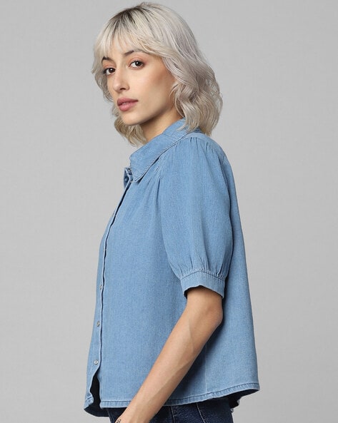 Buy Only Light Blue Denim Cotton Puff Sleeve Shirt for Women Online @ Tata  CLiQ