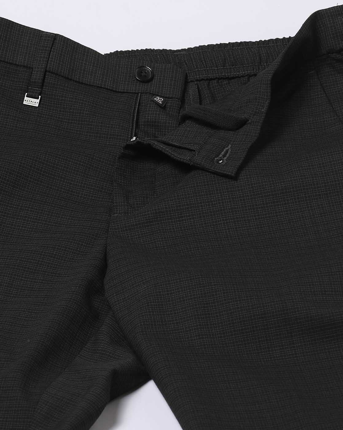 Buy Black Cotton Textured Slim Fit Formal Trousers online  Looksgudin