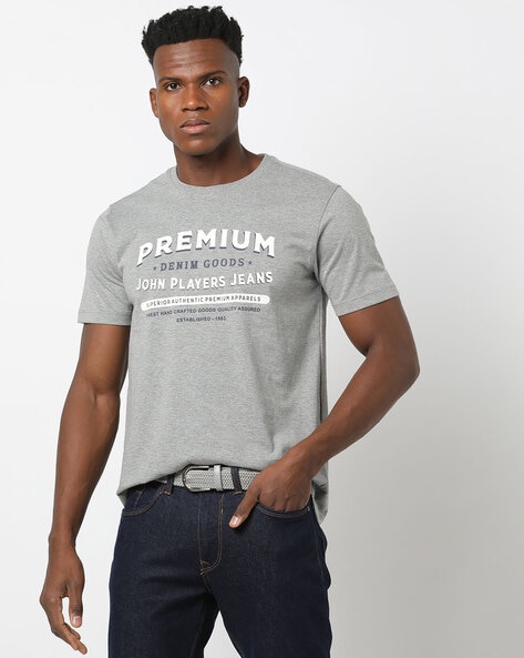 JOHN PLAYERS JEANS Slim Fit Logo Print Crew-Neck T-Shirt For Men (Grey, XL)