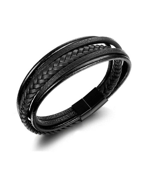 University Trendz Layered Leather Bracelet with Magnetic-Clasp Closure For Men (Black, FS)