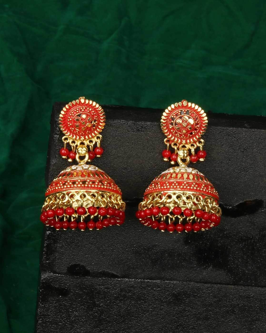 Traditional Pearl Jhumka Earrings - Pink Red by FashionCrab® -  FashionCrab.us