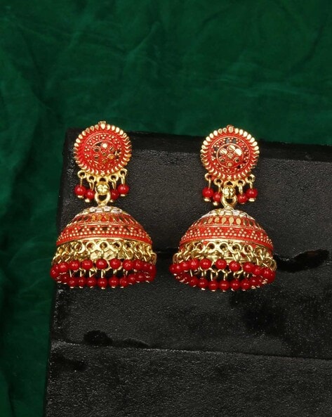 Indian Traditional Gold Plated Long Pearl Jhumka Earrings For Women Red  Color | eBay