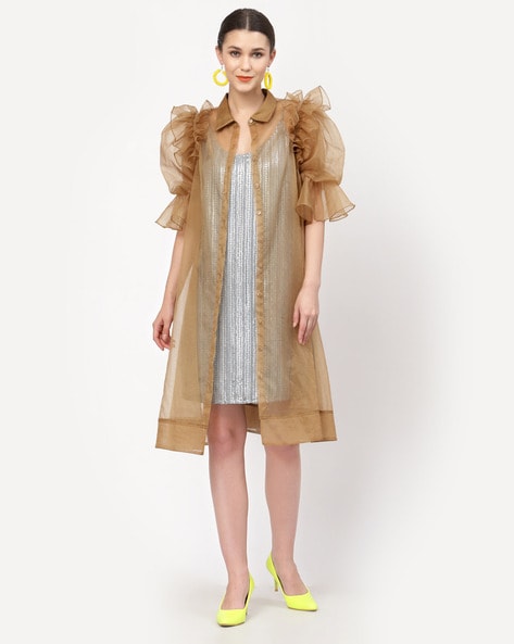 Organza Sleeve Metallic Crinkle Jacquard Long Jacket Dress – John Paul  Ataker