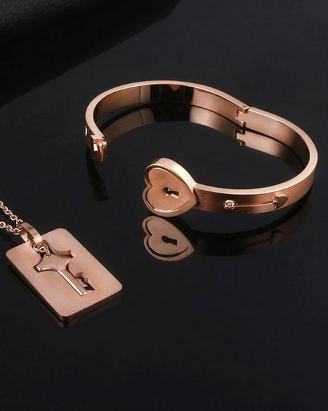 Heart Love Lock Bracelet Key Pendant Titanium Steel Bangle Sets Rhinestones  | eBay