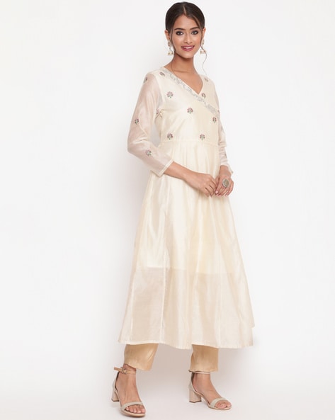 Off-White Paneled Ankle Length Kurti with Indigo Printed Jacket – anokherang