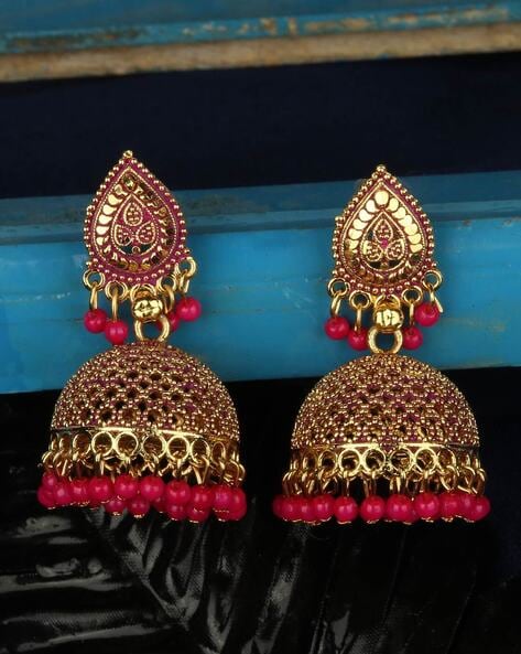 Handmade Jaipur Kundan Mina Earrings in Magenta Color