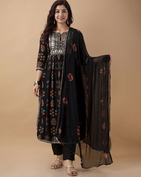 Printed Straight Kurta with Pants & Dupatta
