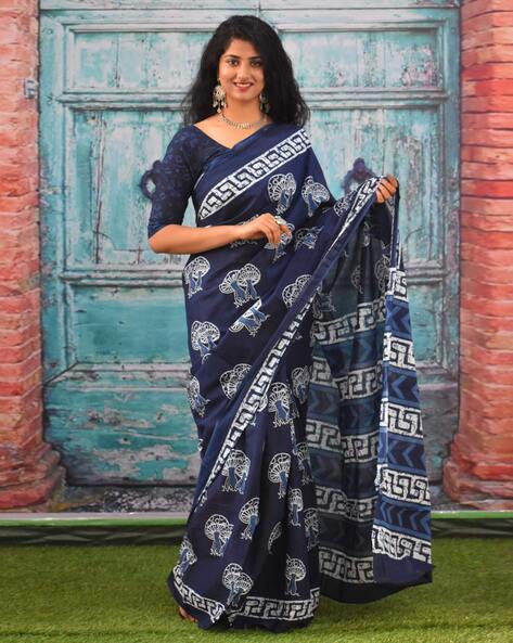 Indigo Ivory Blue Hand Block Printed Cotton Saree In Natural Colors - –  InduBindu