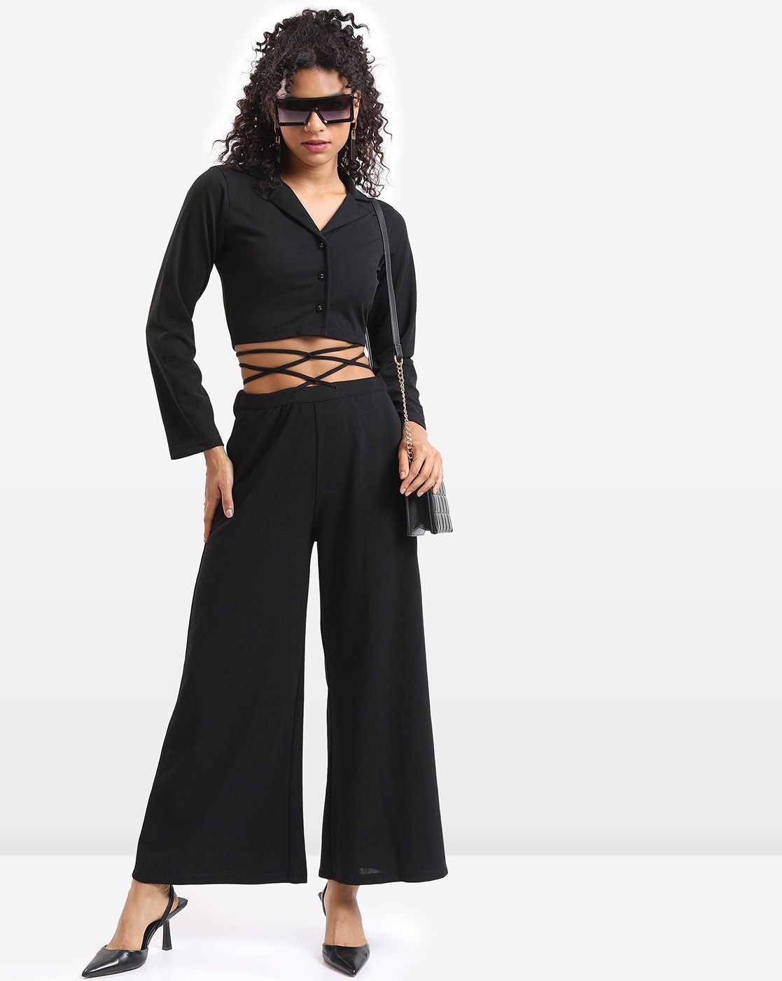 Tie Up Waist Crop Top and Flare Bottom Pants Coords