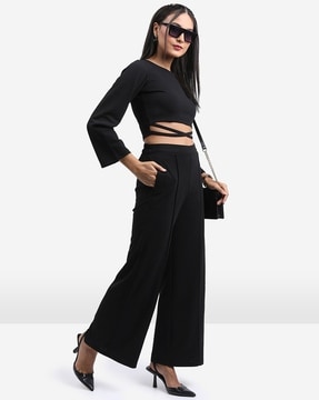 V-Neck Crop Top with Pants Co-Ord Set