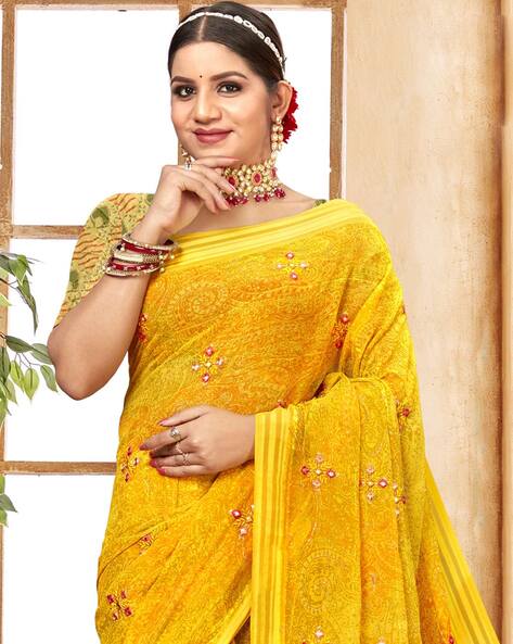 Buy online Pure Soft Georgette saree printed saree with Mirror work - Yellow -AF2121