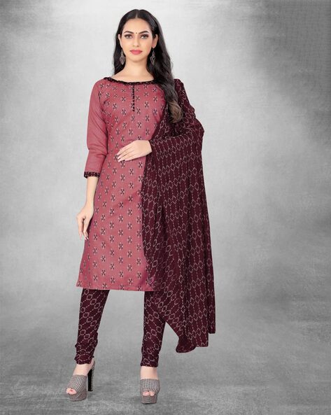 3-Piece Geometric Print Unstitched Dress Material Price in India
