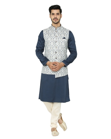 Buy Neon Navy Blue Botanical Print Indo Western Set Online in India @ Manyavar - Suit Set for Men