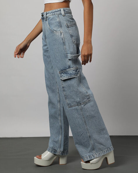 Women Lightly Washed Relaxed Cargo Jeans