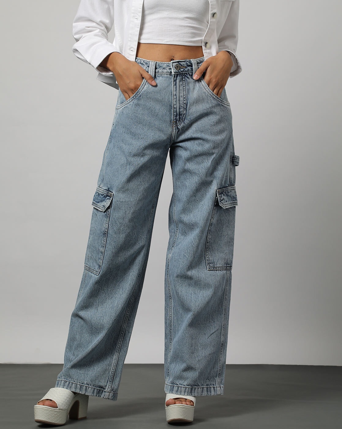 WOMEN LATEST CARGO TROUSERS BY SKG | SOLID HIGH-RISE CARGO JEANS | 6 POCKET  WIDE LEG DENIMS | 80'S ROCKER-CHIC INSPIRED CARGO PANTS | SIT ABOVE |  NON-STRETCH FIT WITH A WIDE