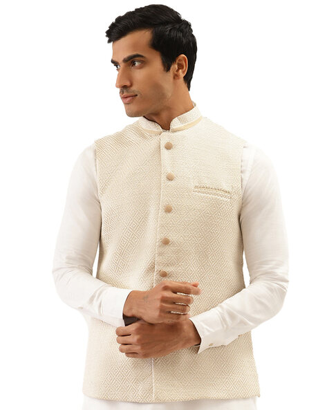 Men Cream-Coloured Solid Nehru Jacket | Badoliya & Sons