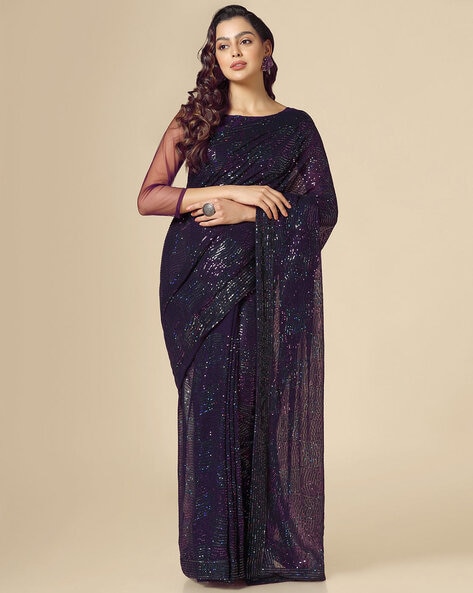 Buy Adorable Black and Purple Georgette Sequins Party Wear Saree |  Inddus.com.