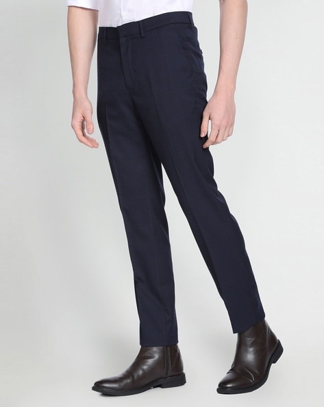 Buy Arrow Men Light Blue Mid Rise Herringbone Pattern Formal Trousers online