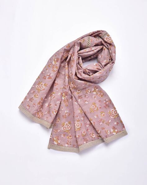 Floral Print Women Stole with Lace Detail Price in India