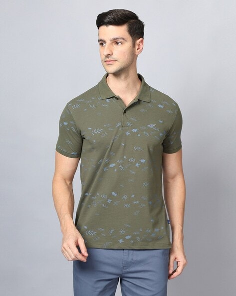 Leaf Print Slim Fit Polo T-Shirt