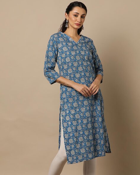 Navy Blue Cotton Dabu Printed Kurta-PKK1442