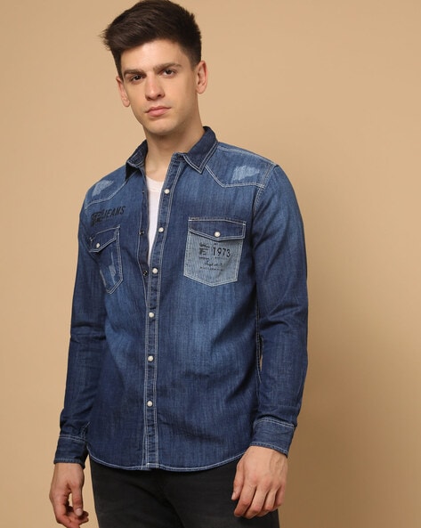 Fatafat lelo Stylish Blue Denim Jeans Shirt for Men Medium : Amazon.in:  Clothing & Accessories