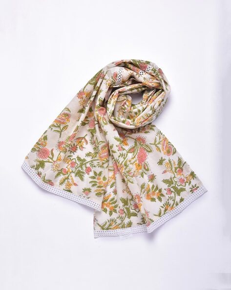 Floral Print Cotton Stole with Lace Border Price in India