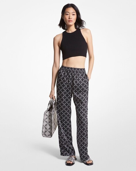 Buy Michael Kors Empire Logo Print Satin Pajama Pants, Black Color Women