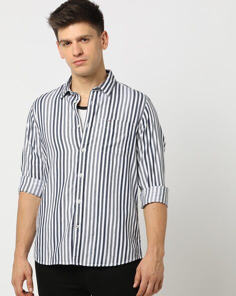 Buy Men Stripe Shirt Black White Cotton For Best Price,, 54% OFF