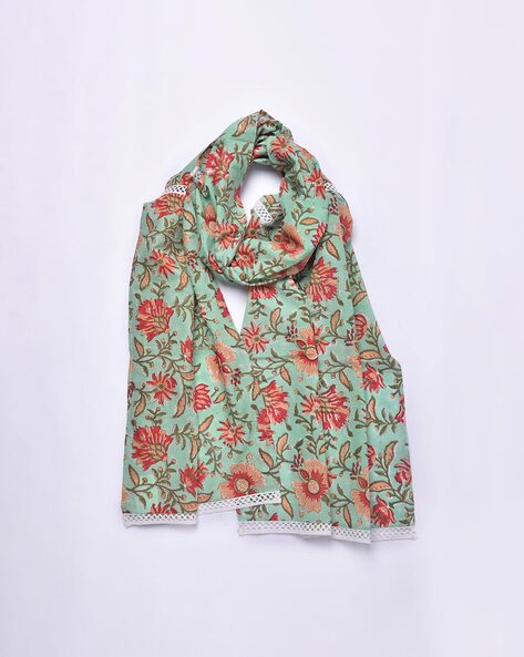 Floral Print Cotton Stole with Lace Border Price in India