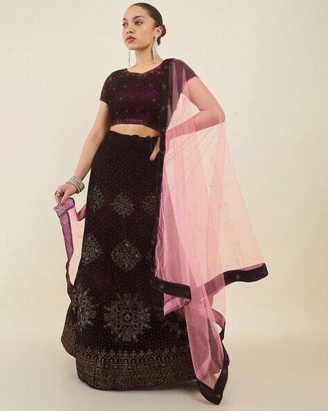 Buy Hypnotic Purple Floral Embroidery Velvet Wedding Lehenga Choli With pink  Dupatta from Designer Lehenga Choli