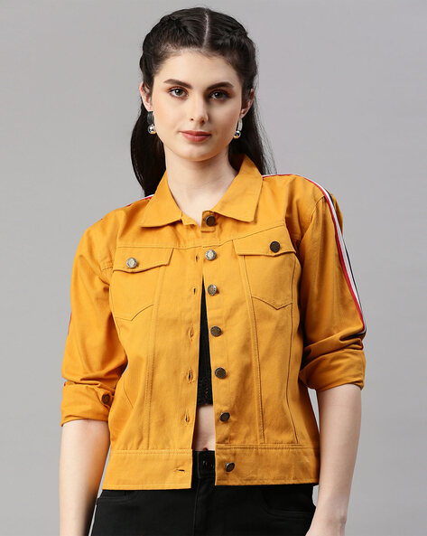 VOXATI Denim Jacket with Contrast Taping For Women (Yellow, XL)