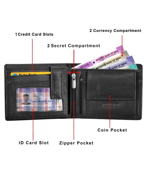 Lorenz RFID Leather Credit Card Case with Back Zip Pocket - Black