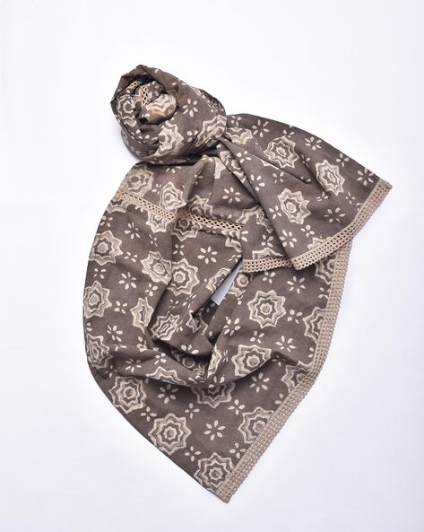 Geometric Print Cotton Stole with Lace Border Price in India