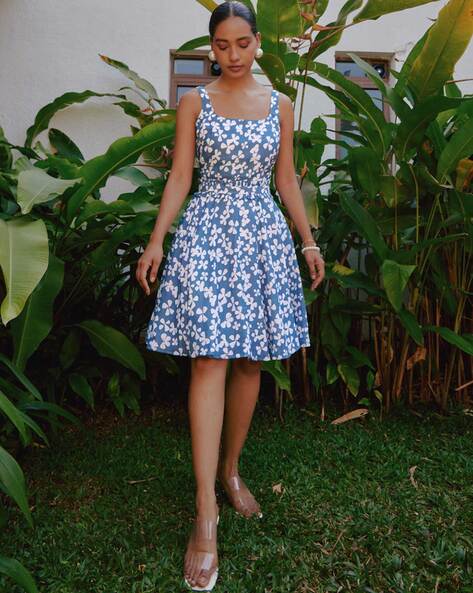 Blue floral fit and flare clearance dress