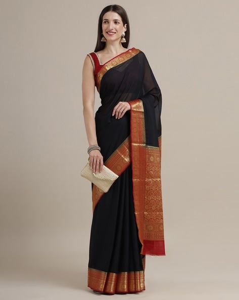 Buy Samitte by Bangalore Emporium Pink & Gold-Toned Woven Kanjeevaram Saree  with Unstitched Blouse online