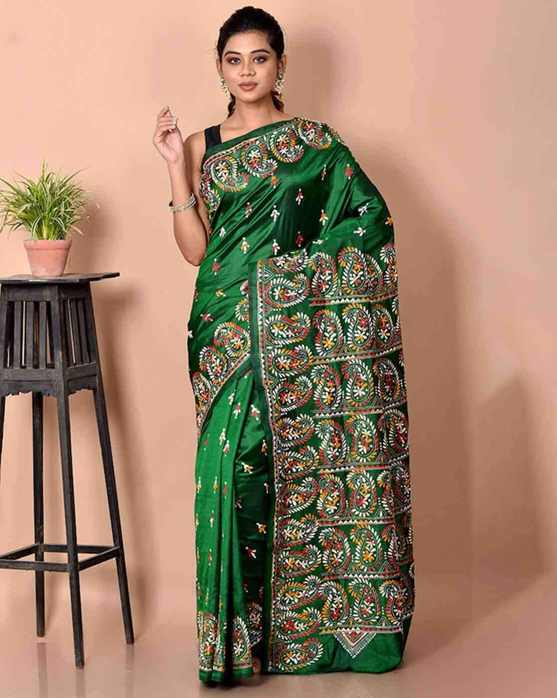 OFF WHITE KANTHA STITCH TUSSAR SAREE