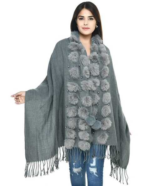 Fur-Ball Stole with Fringed Hem Price in India