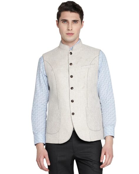 Nehru/Modi Jackets for Men - Sheep Wool - White Grey - Knitmart