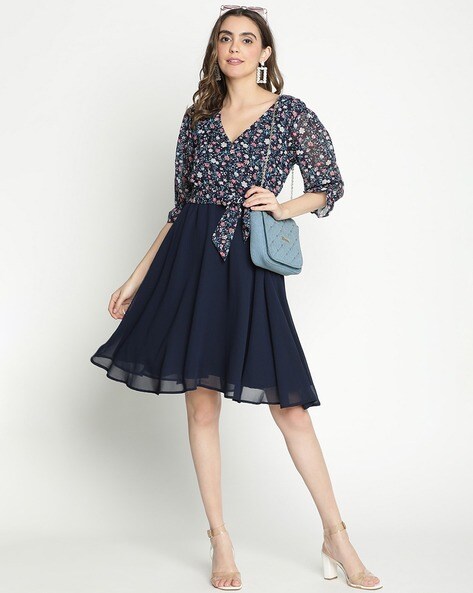 Floral Print Fit & Flare Dress with Tie-Up Waist