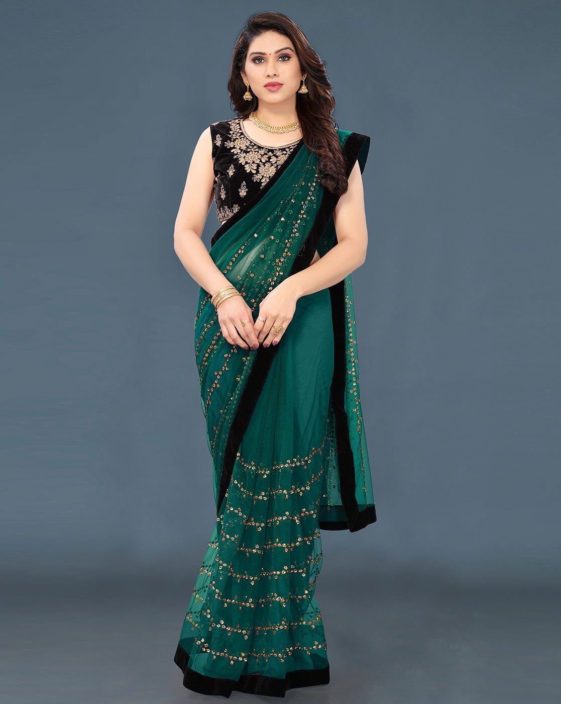 Net Brasso Black and Green Designer Half N Half Saree | Party wear sarees  online, Casual saree, Party wear sarees