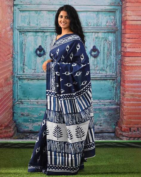 Indigo Printed Pure Mulmul Cotton Hand Block Printed Indian Jaipuri Saree  With Attached Unstitched Saree Blouse, Gift for Her, - Etsy